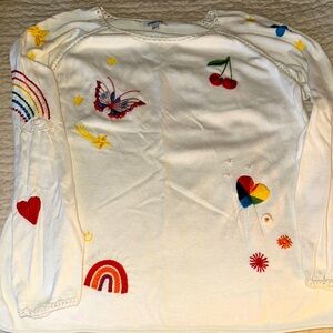 Johnny Was Red and White Long Sleeve Tee with Whimsical Embroidery
